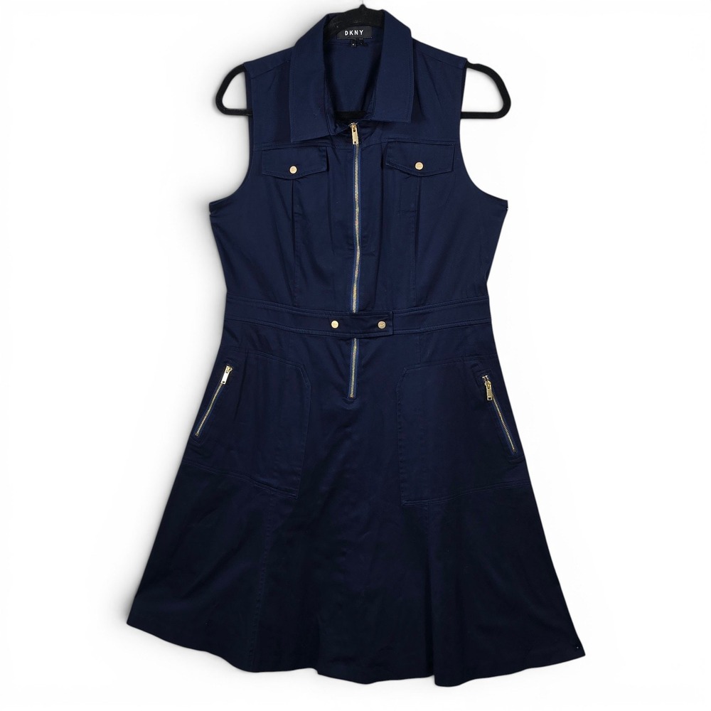 DKNY Womens Navy Blue Utility Zip Front‎ Sleeveless Cotton Mini Dress Size 12